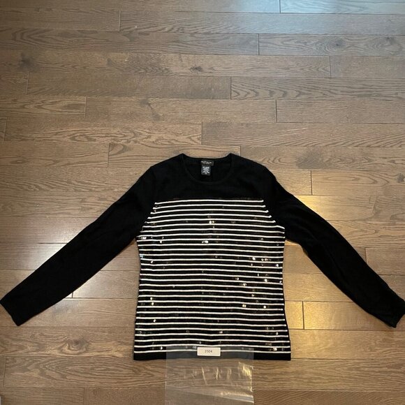 Lord & Taylor Cashmere Sweater, Black w/ white stripes, sequins, size M - Picture 8 of 9